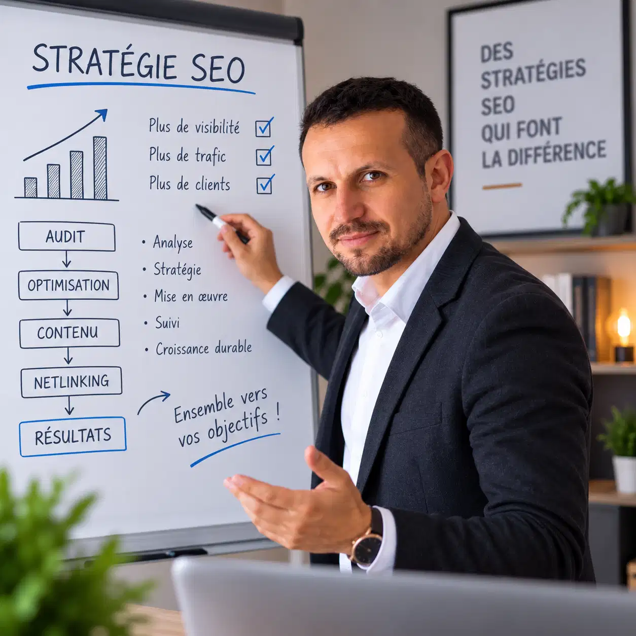 Mohamed Debbah, consultant SEO, devant un tableau de stratégie